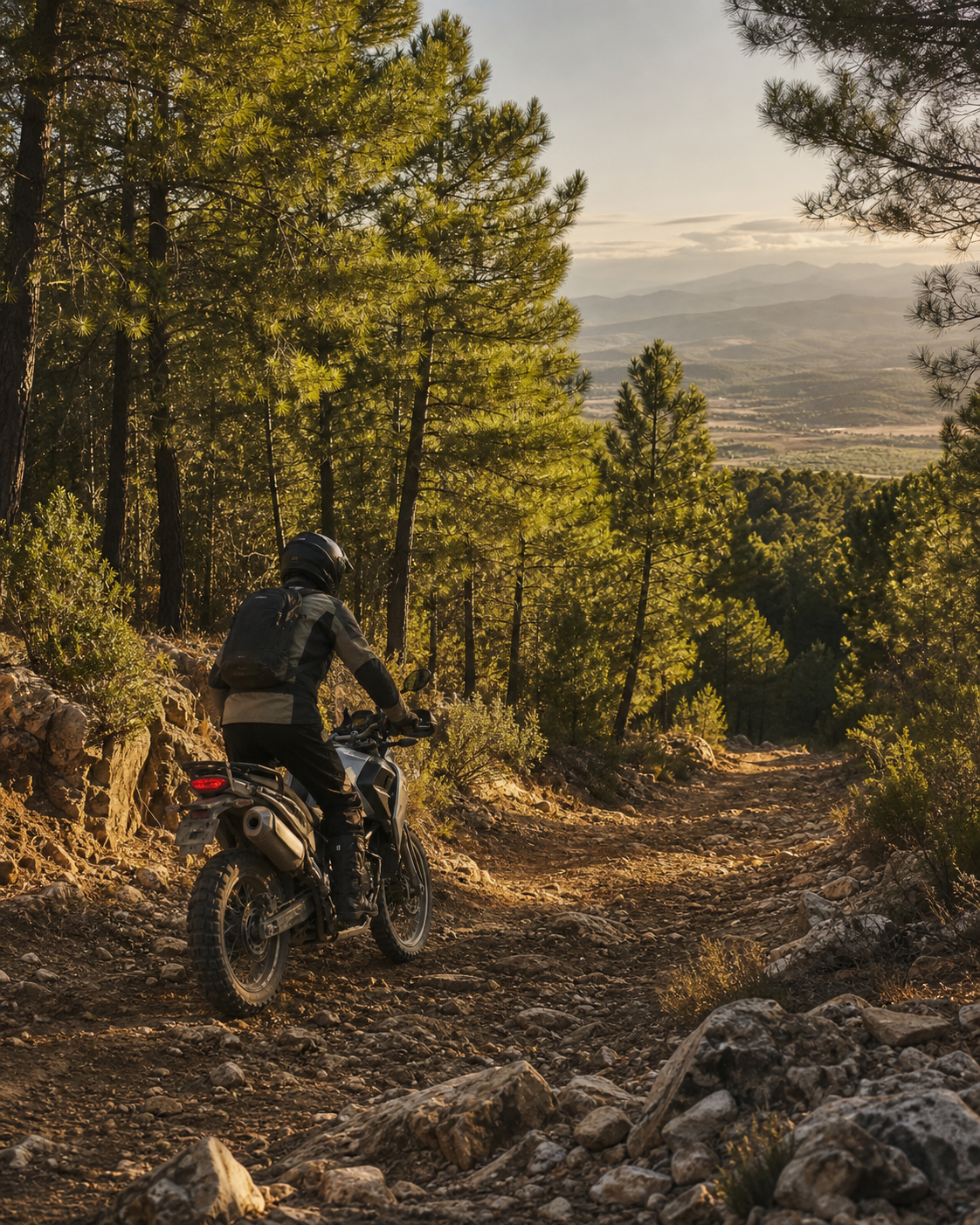 Motocicleta recorriendo un camino off-road entre pinos